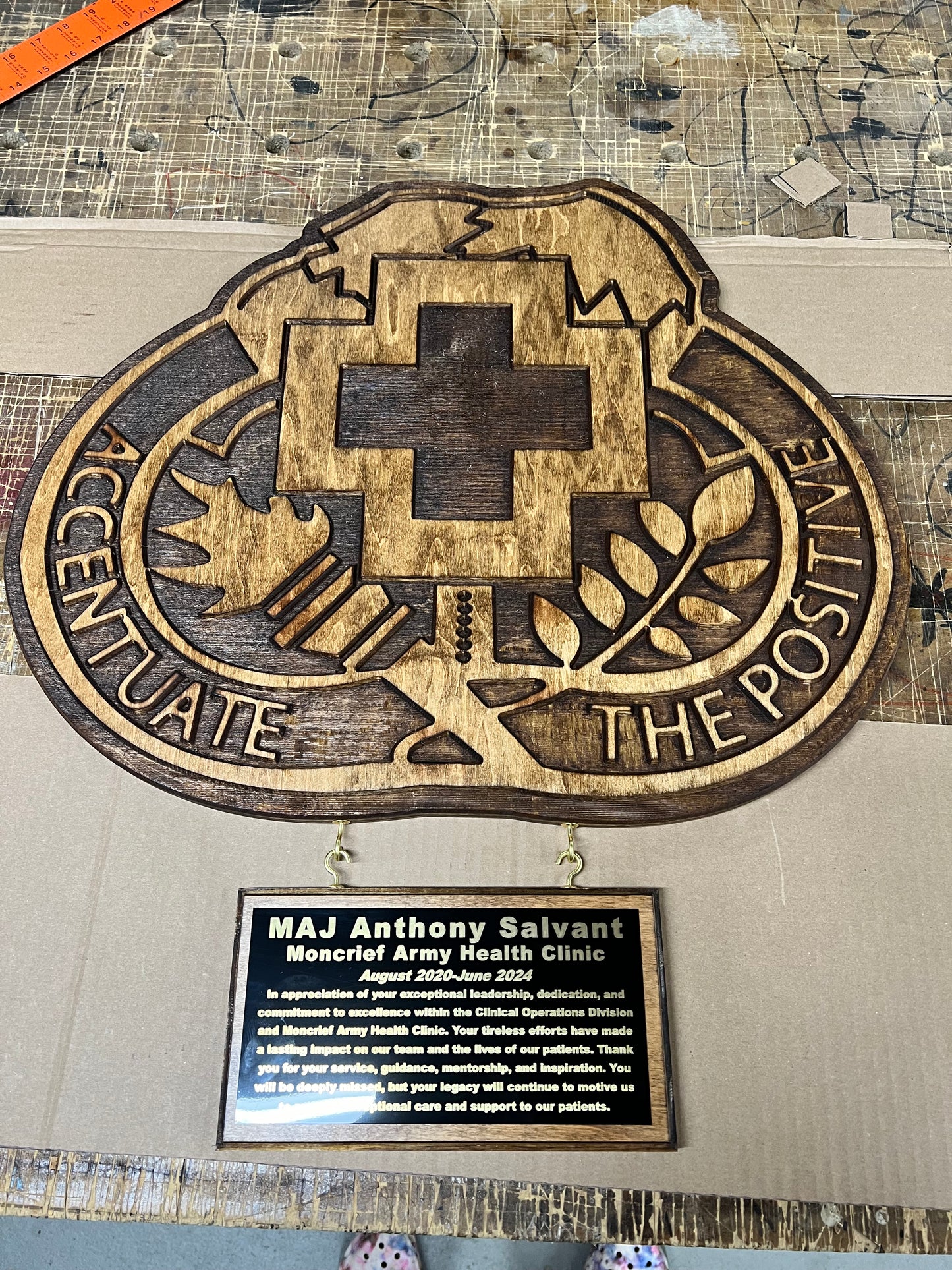 15” Custom Wall Hanging Plaques with 4x8 hanging inscription plaque any rank / image / emblem (message for customizable options)
