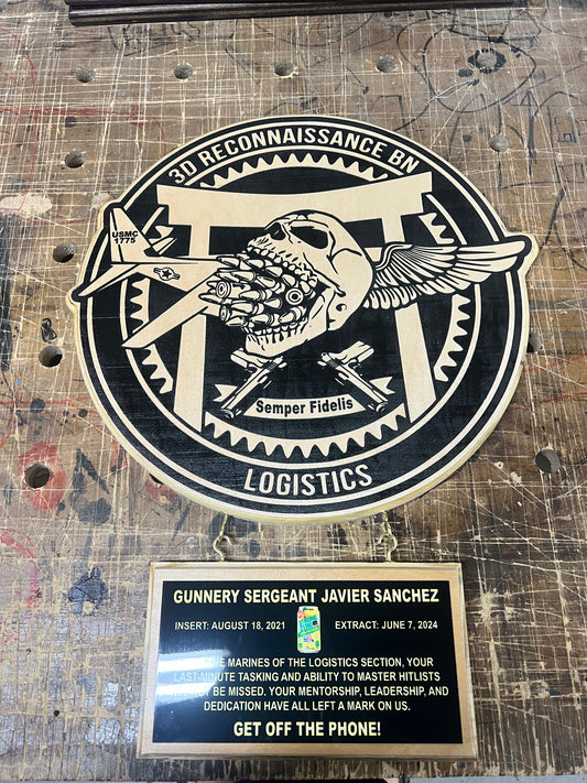 15” Custom Wall Hanging Plaques with 4x8 hanging inscription plaque any rank / image / emblem (message for customizable options)