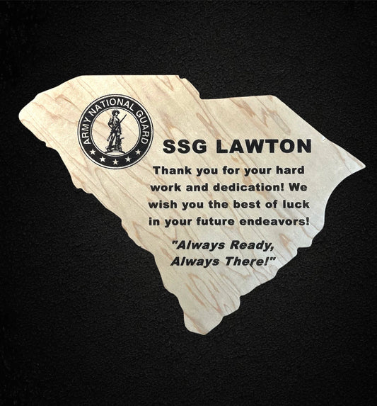 South Carolina shape wood plaque with custom engraved image and text military promotion / work award / employee plaque / SC awards / gifts