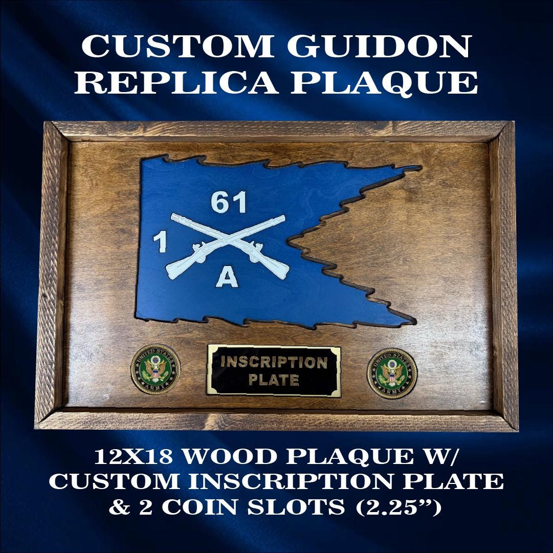 Custom guidon replica plaque for military with custom inscription plate and challenge coin slots