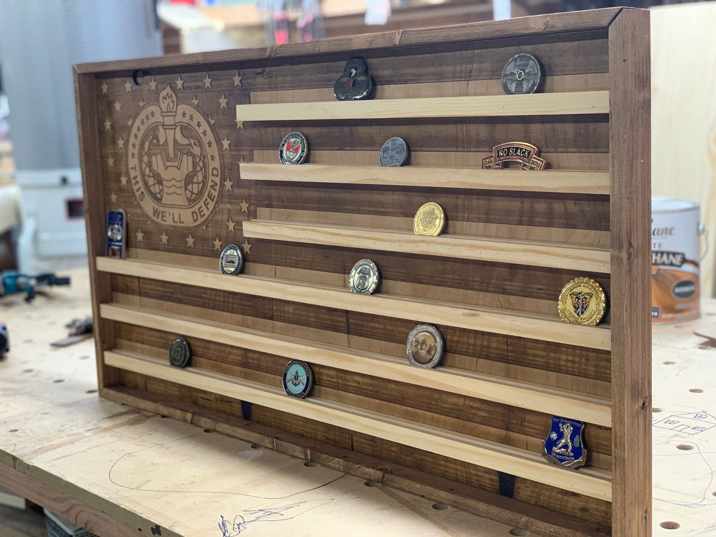 American Flag Challenge Coin Holder / Custom Engraved flag Display / Wood wall decor