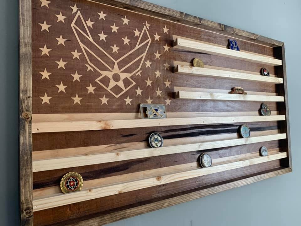 American Flag Challenge Coin Holder / Custom Engraved flag Display / Wood wall decor