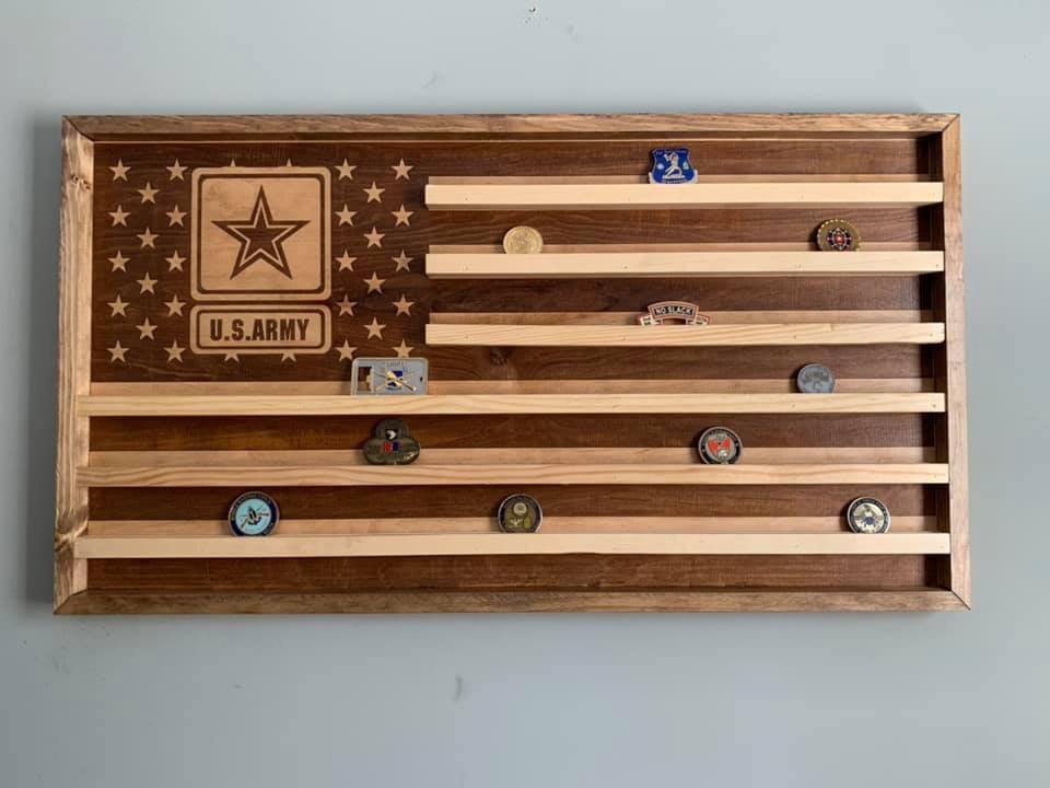 American Flag Challenge Coin Holder / Custom Engraved flag Display / Wood wall decor