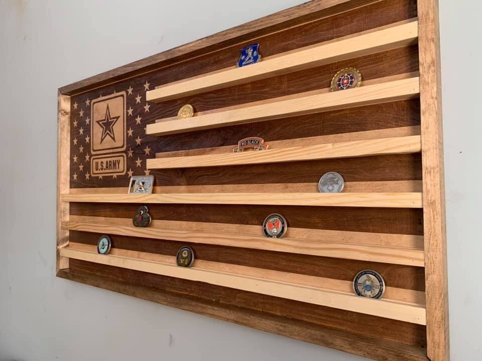 American Flag Challenge Coin Holder / Custom Engraved flag Display / Wood wall decor