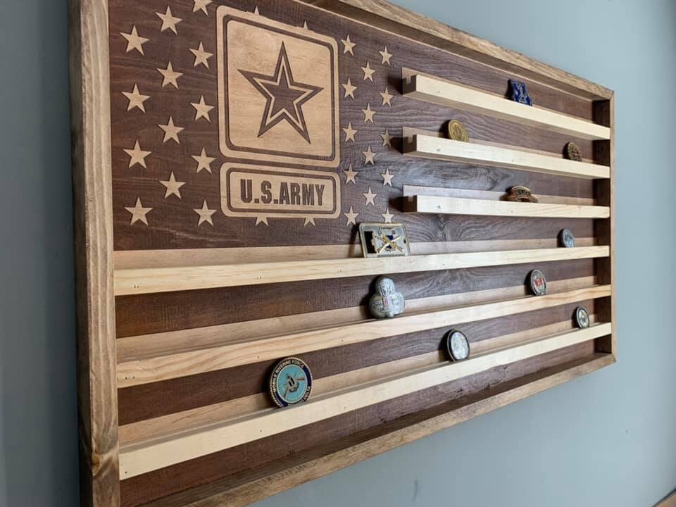 American Flag Challenge Coin Holder / Custom Engraved flag Display / Wood wall decor