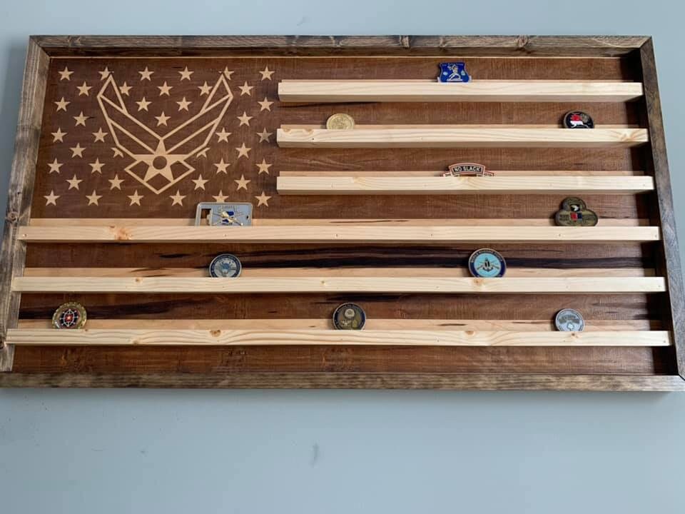 American Flag Challenge Coin Holder / Custom Engraved flag Display / Wood wall decor
