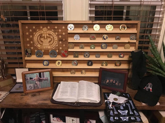 American Flag Challenge Coin Holder / Custom Engraved flag Display / Wood wall decor