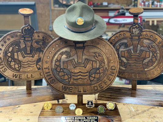 US Army Drill Sergeant Hat Coin Stand Wood