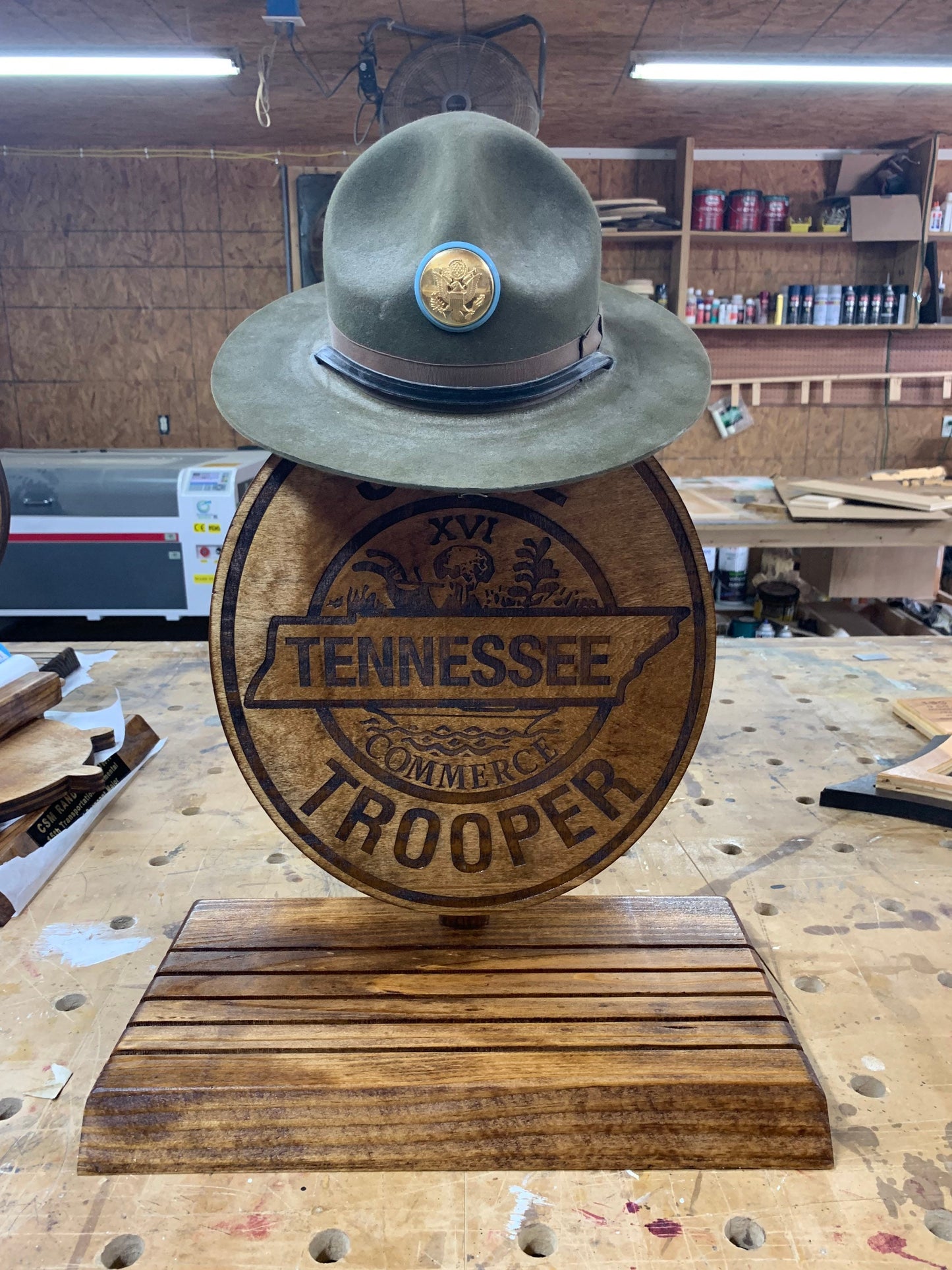 State trooper hat stands Any state badge emblem patch etc custom wood cutout police trooper hat and coin stand