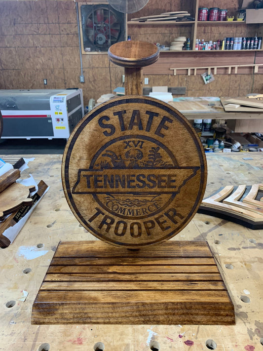 State trooper hat stands Any state badge emblem patch etc custom wood cutout police trooper hat and coin stand