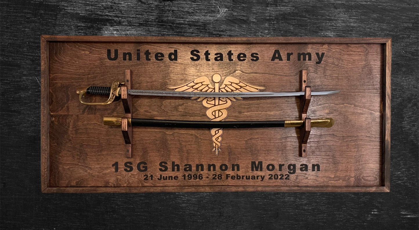 NCO sword Wall display, U.S. Army sword display, Marines, Military Sword mount, Saber Display Custom Wood wall mounted sword holder