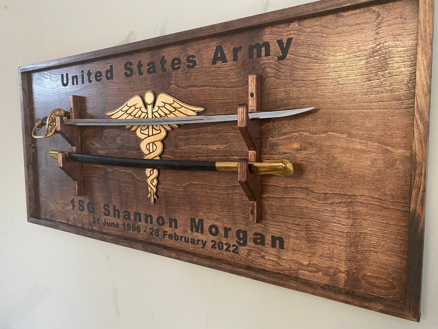 NCO sword Wall display, U.S. Army sword display, Marines, Military Sword mount, Saber Display Custom Wood wall mounted sword holder