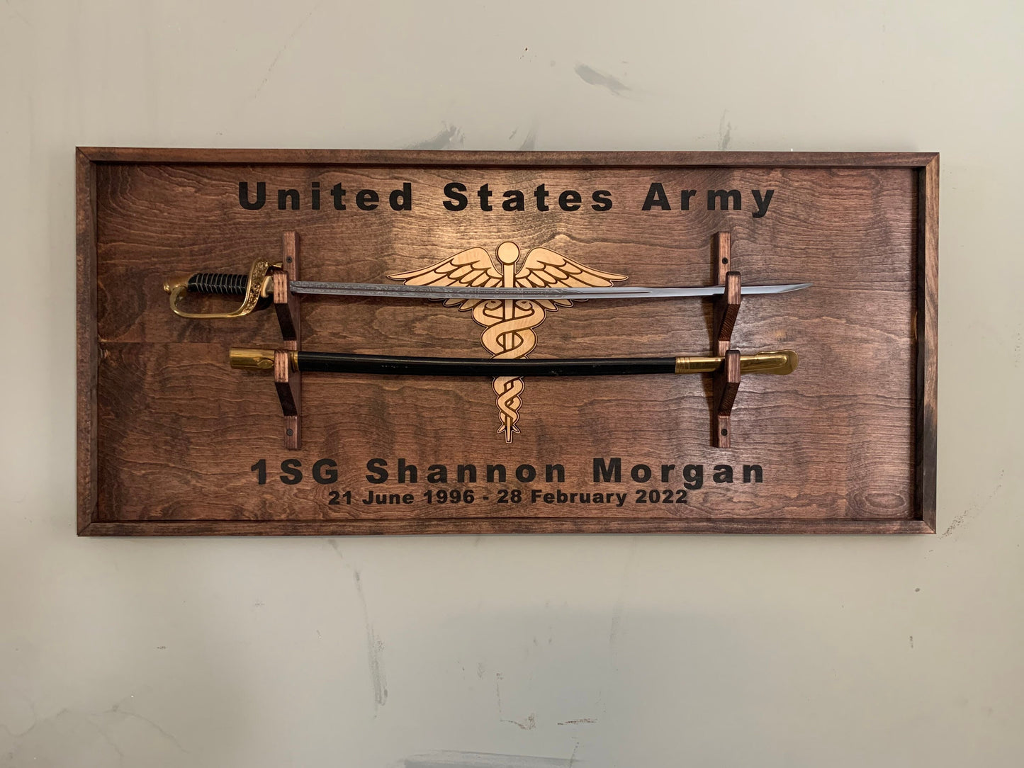 NCO sword Wall display, U.S. Army sword display, Marines, Military Sword mount, Saber Display Custom Wood wall mounted sword holder