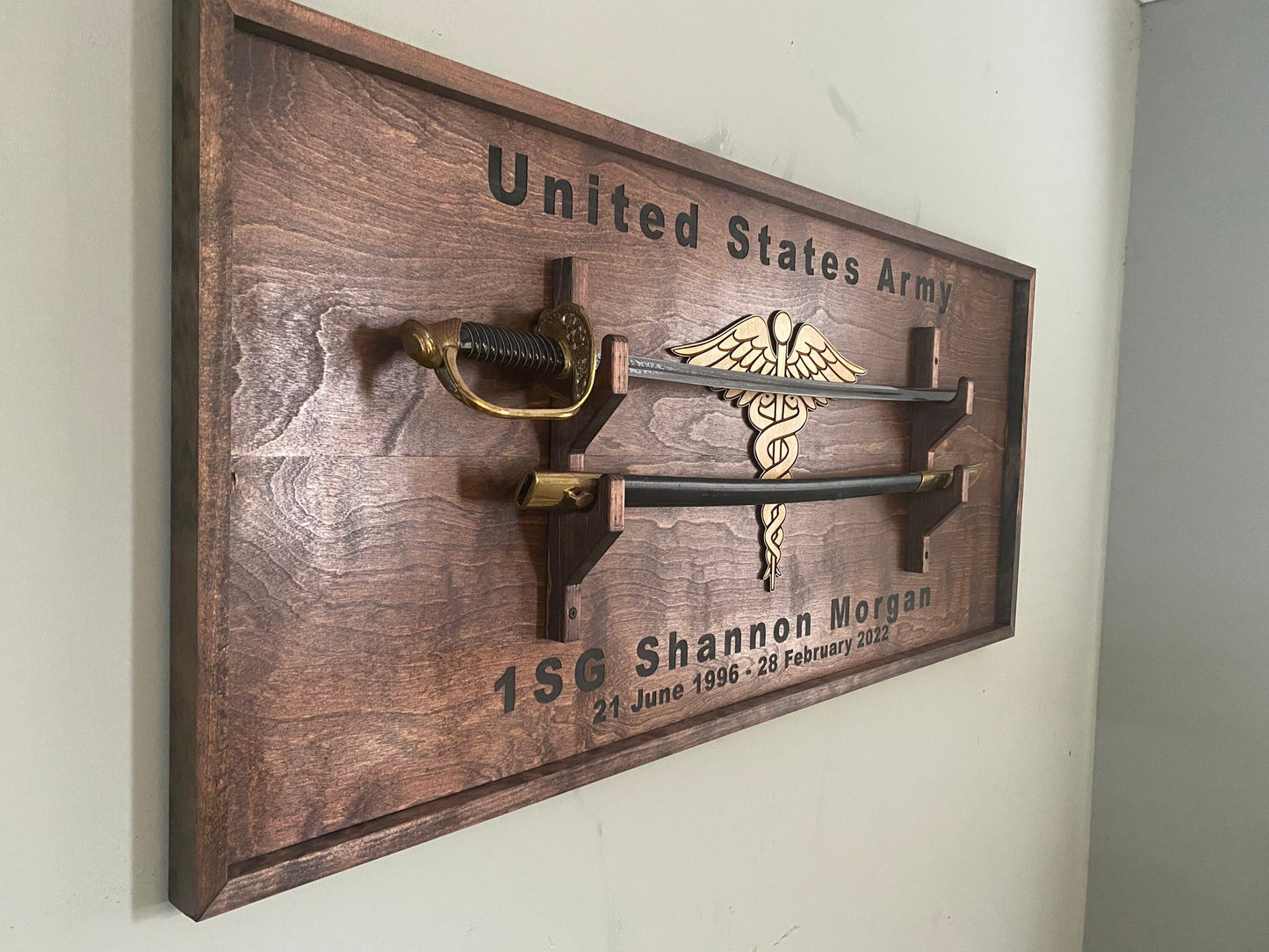 NCO sword Wall display, U.S. Army sword display, Marines, Military Sword mount, Saber Display Custom Wood wall mounted sword holder