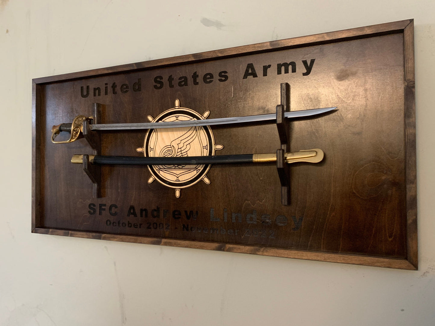 NCO sword Wall display, U.S. Army sword display, Marines, Military Sword mount, Saber Display Custom Wood wall mounted sword holder