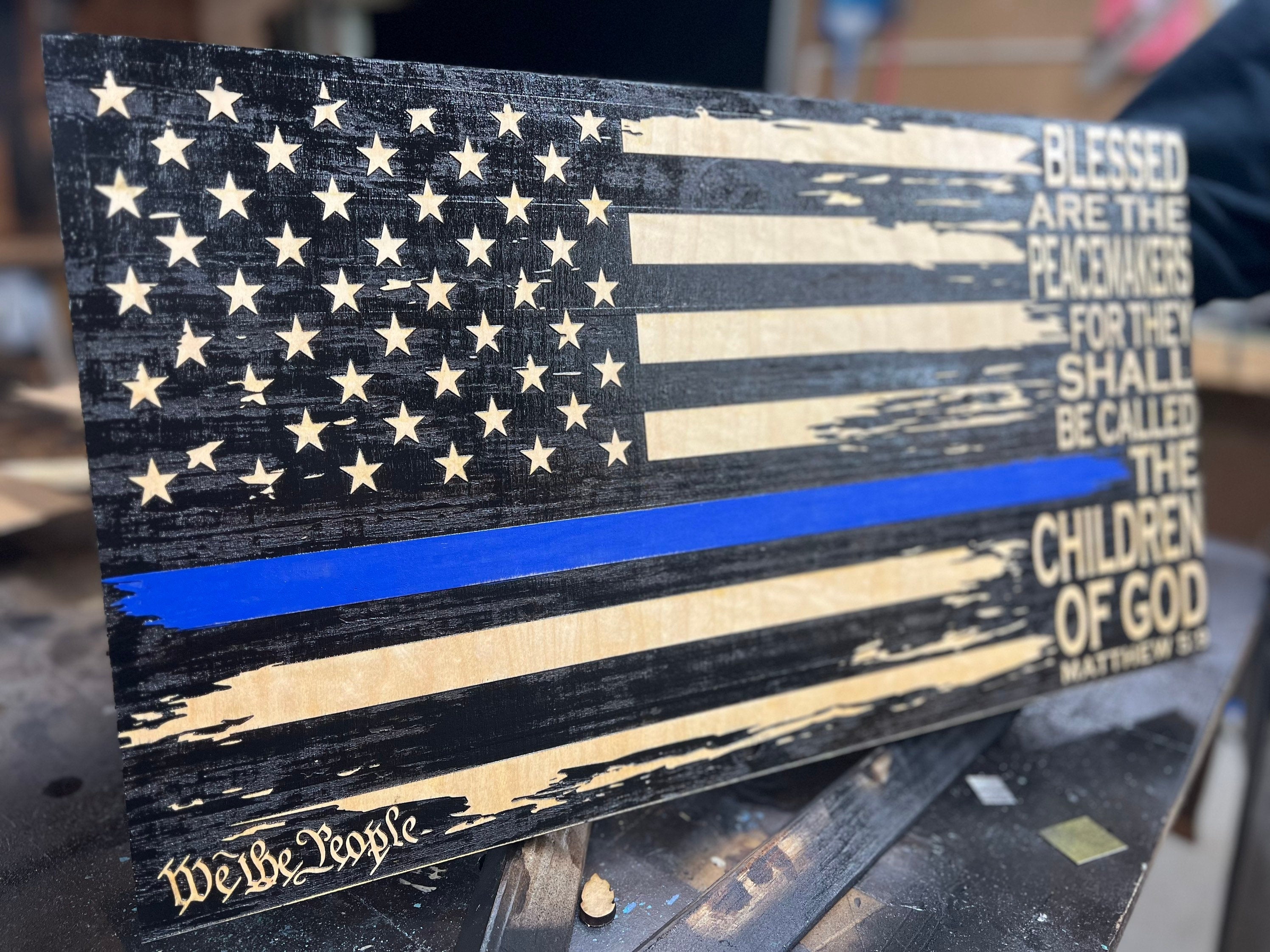 LARGE (19”x36”), Police Flag, Thin Blue Line, Back The Blue, Thin Blue Line orders svg, Wood Flag, Wooden Flag, Police Wife, Police Officer Gift