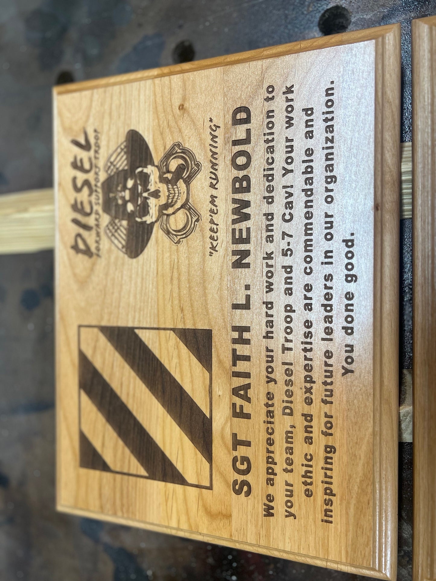 Custom Plaque with custom engraved image and text promotion/retirement – 90  PROOF WOODWORKING